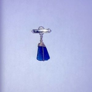 Blue sea glass pin, silver wire wrapped